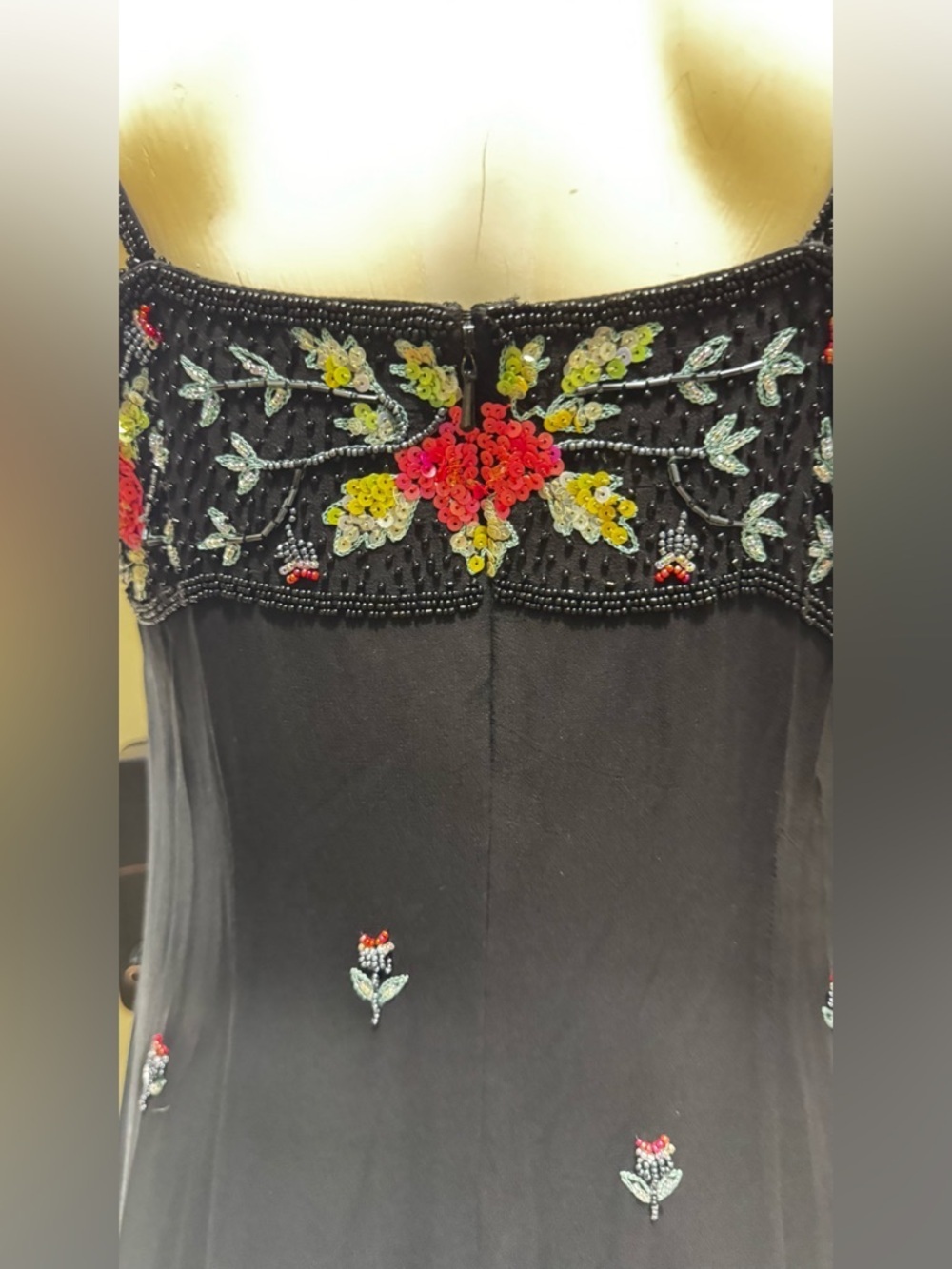 Vintage CACHE Black Midi Slip FORMAL Pink Floral Embroidery dress Sz 8 A - Picture 8 of 11